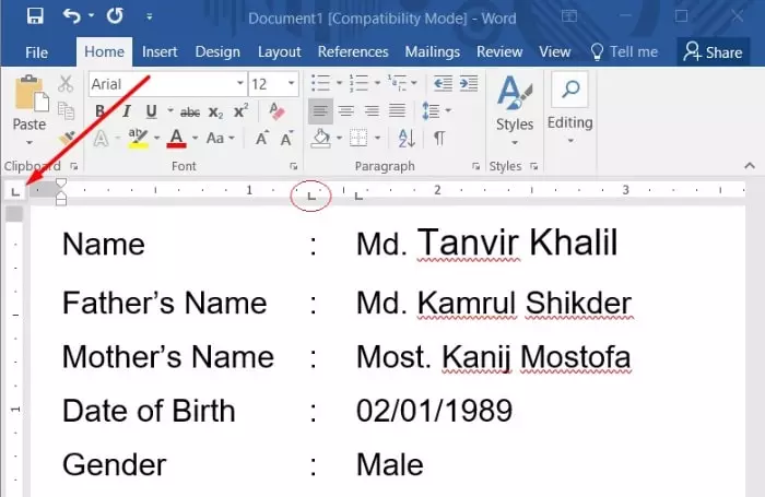 এমএস ওয়ার্ডে ট্যাব কি এর লেফট ট্যাব এর ব্যবহার
