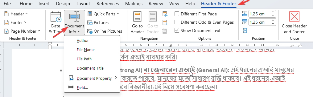 ডকুমেন্ট সম্পর্কিত তথ্যাদি ওয়ার্ড হেডার ফুটারহিসেবে যুক্ত করা
